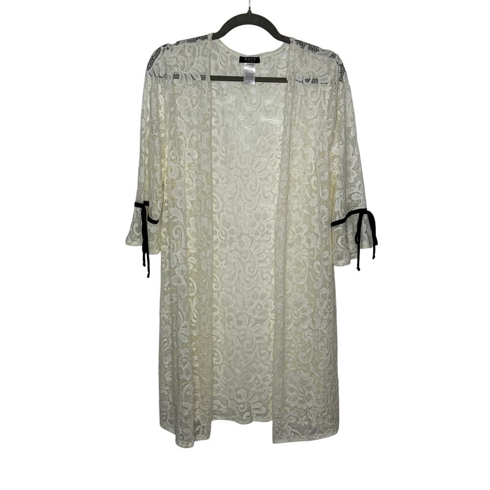 Onyx Sz XL Nite Sheer Lace Long Open Front Cardigan Duster Sleeve Ties | EUC